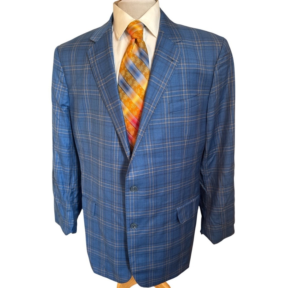 Baroni Couture REDA Super 130's Wool Blue Windowpane Plaid Wool Blazer 48L Slim